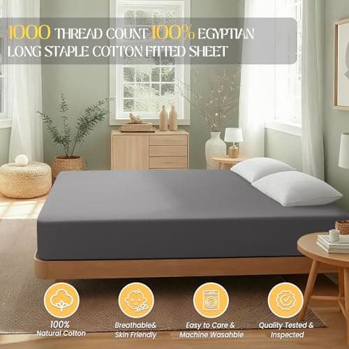 Acnalboma 1000 Thread Count Egyptian Cotton Fitted Sheet Queen Only,Ultra-Soft Hotel Luxury Long Staple,Breathable and Comfy Sateen Weave,Fits Up to 18",Grey,60"x80" - Thumbnail 2