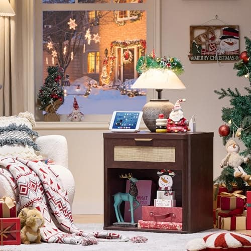 LEYAOYAO Rattan Nightstands Set of 2 with Charging Station, 23" Wide Boho Night Stand with Drawer, Walnut Bedside Table Open Cabinet, Bed Side End Table Dresser for Bedroom, Living Room, Hallway - Thumbnail 2