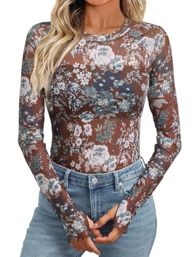 Dealmore Womens Mesh Sheer Lace Going Out Slim Fitted See Through Tops Spring Fashion Clothes 2026 Outfits Brown M - Image 1