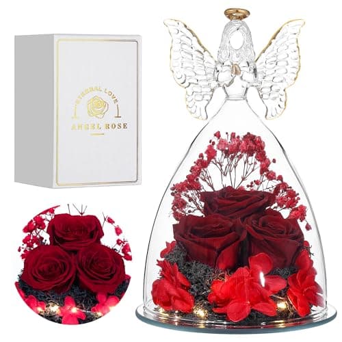 Tiaronics Mothers Day Rose Gifts Glass Angel Figurine with Three Roses Gifts, Preserved Forever Real Rose Gifts for Women, Angel Guardian with Rose for Mothers Day - Wine Red - Image 1