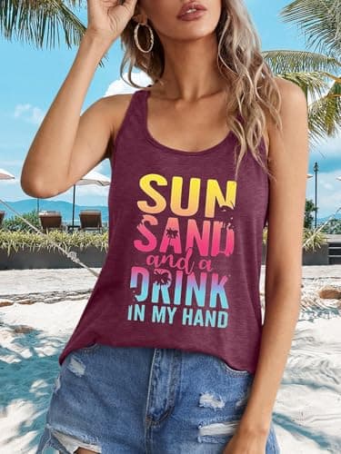 Binshre Graphic Tank Tops for Women Sun Salt Sand Vintage Graphic Racerback Tank Tops Cocoa Palm Print Summer Casual Beach O-Neck Vacation Shirt Cami - Thumbnail 3