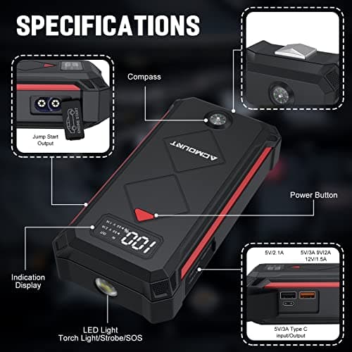 Acmount P100 Car Jump Starter, 5000A Peak Lithium Jump Starter Battery Pack for Up to 10.0L Gas or 8.0L Diesel Engine, Safe 12V Portable Battery Starter Power Pack with LED Screen & LED Light - Thumbnail 6