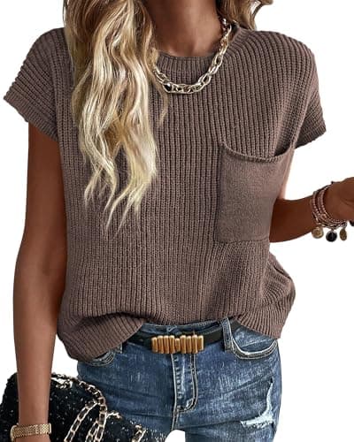 KIRUNDO Spring Summer Short Sleeve Sweater for Women 2026 Casual Sweater Vest Cotton Knit Pullover Tank Tops Fashion Clothing(Light Coffee, X-Large) - Image 1