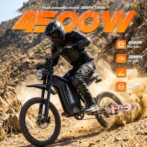 HAPPYRUN G18pro Electric Dirt Bike for Adults – 4500W Peak Motor, 60V 35Ah Battery, 38 mph Top Speed, 75 Mile Range, 5-Level Speed Control, Full Suspension, Hydraulic Brakes, 19″/17″ Off-Road Tires - Thumbnail 2