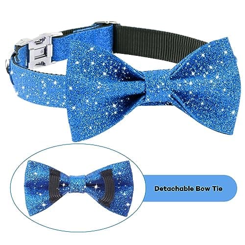 Jumpress Blue Boy Dog Collar with Bow, Bling Male Bowtie Dog Collar for Puppy Small Medium Dogs, Cute Dog Collar for Daily Walking or Holiday Party (Neck fit 11-16’’) - Thumbnail 3