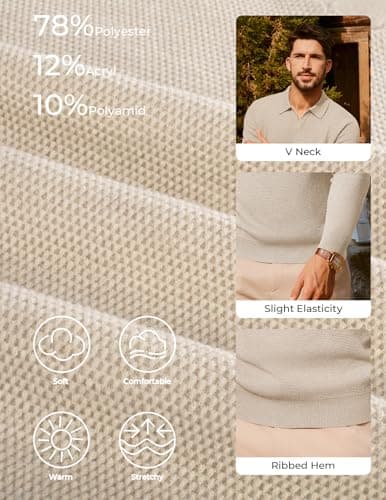 PJ PAUL JONES V Neck Sweater Men Casual Collared Pullover Sweater Long Sleeve Textured Sweater Beige - Thumbnail 3