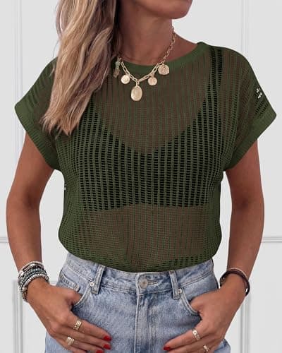 KIRUNDO Crochet Tops for Women 2026 Summer Beach Vacation Clothes Cover Up Mesh Top Lightweight Sweater Cruise Resort Wear(Army Green, Large) - Thumbnail 4