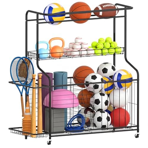 Sports Equipment Organizer -Heavy Duty Rolling Garage Storage Rack & Ball Holder, Large Capacity Cart for Outdoor Toy Storage & Garage Storage - Image 1