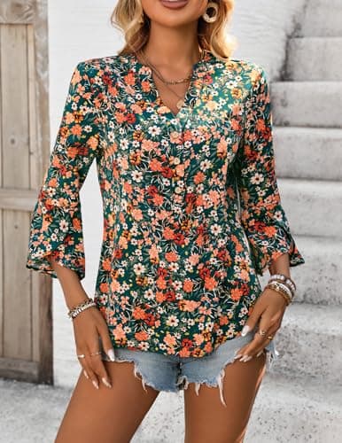 LOOKBOHO Tops for Women 3/4 Sleeve Floral Boho Blouses Sleeve Button V-Neck Casual Business Shirts Orange S - Thumbnail 6