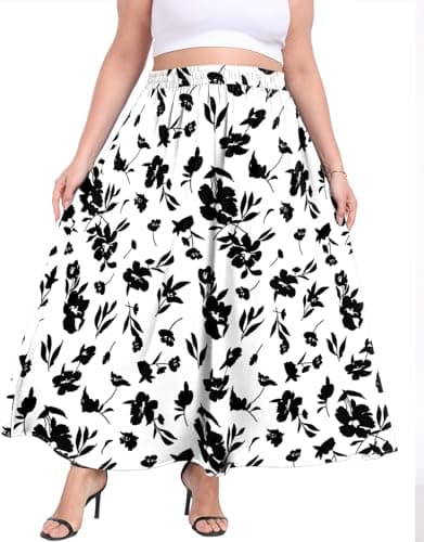 Lastshe Plus Size Maxi Skirts for Women Summer Business Work Elastic High Waisted Hide Drawstring Flowy A-line Long Skirt with Pockets,Print Black,1X - Thumbnail 4