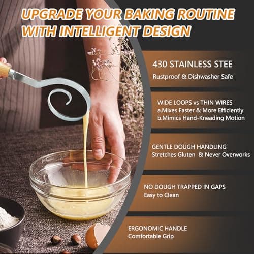 COOHLYEE Dough Whisk, 430 Stainless Steel Danish Dough Whisk, Bread Dough Whisk Tool for Sourdough Bread Baking,Cake Batter,Cooking,Whisking,Pizza,Pastry and Biscuits, Perfect Gifts for Bakers - Thumbnail 4