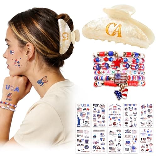 GIRLOLIIAR 4th of July Accessories for Women, Red White and Blue Outfit Bundle with Patriotic Hair Claw Clip, America Bracelets & USA Tattoos for 250th Anniversary Party Favors, Memorial Day Decor, CA - Image 1