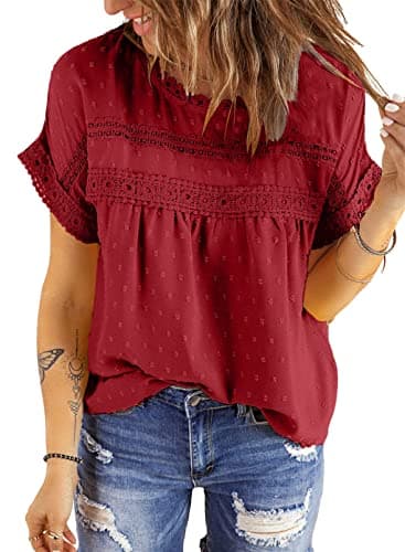 Dokotoo Womens Summer Tops Cute Lace Crochet Round Neck Swiss Dots Short Sleeve Shirts Flowy Chiffon Babydoll Resort Wear Blouses for Women Tunic Top Dressy Casual S Wine Red - Image 1