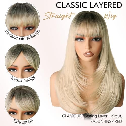 NOSTALGIA Wig with Bangs for Women Blonde with Dark Roots 20 Inch, 4x4 Realistic Scalp & Free Parting, Layered Heat Resistant Synthetic Hair for Everyday Use - Thumbnail 4