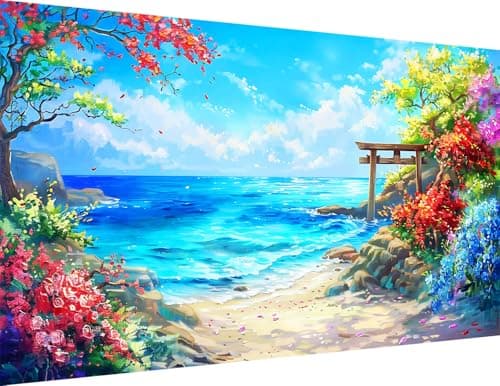 igoodom Large Diamond Painting, Large Beach Diamond Art Kits for Adults, Full Drill Round Big Flowers Diamond Painting, DIY Gem Art and Crafts for Home Wall Decor Gift 27.5 X 15.7inch - Image 1