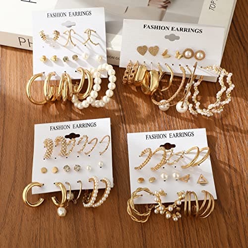 FAXHION 36 Pairs Gold Earrings Set for Women, Fashion Pearl Chain Link Stud Drop Dangle Earrings Multipack Hoop Earring Packs, Hypoallergenic Earrings for Birthday Party Jewelry - Thumbnail 6