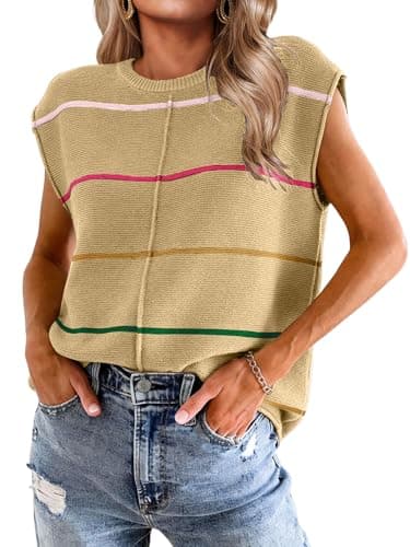 Bellcoco Womens Cap Sleeve Summer Tops Striped Sweater Vest Lightweight Casual Crewneck Loose Knit Pullover Tank Top Beach Vacation Outfits Apricot L - Image 1