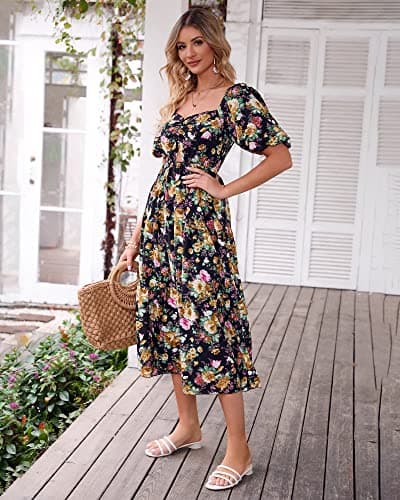 BTFBM Summer Dresses for Women 2026 Spring Outfits Beach Vacation Short Sleeve Smocked Boho Casual Floral Maxi Dress(Floral Black Yellow, Small) - Thumbnail 6