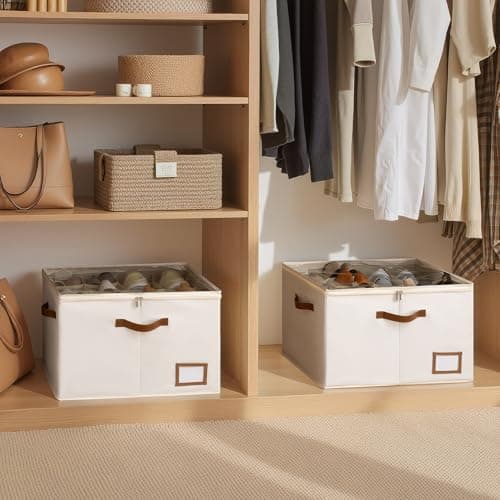 StorageWorks Shoe Organizer for Closet, 2 Pack Shoe Storage Boxes with Clear Lid, Stackable Shoe Storage Organizer for Sandals and Slippers, Fabric Shoe Bins for Closet, Holds 16–32 Pairs, Beige - Thumbnail 5