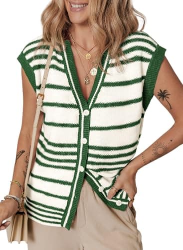 Dokotoo Sweater Vest Striped V Neck Button Open Front Crochet Tops for Women Sweaters Vest for Women Winter Clothing Green Large - Image 1