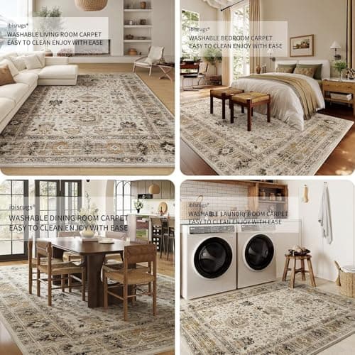5x7 Area Rug, Short Pile Non-Slip Washable Foldable Floor Mat for Living Room Bedroom Dining Room Kids Room Office, Modern Decorative Carpet in Beige and Yellow - Thumbnail 5