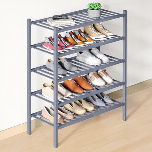 Smiry Bamboo Shoe Rack for Closet, 5 Tier Wooden Stackable Shoe Organizer, Free Standing Shoes Storage Shelf for Entryway, Front Door Entrance, Grey - Image 1