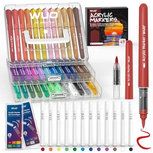 WUO 36 Colors Acrylic Paint Markers with Extra 12 Replaceable Ink Cartridges, Automatic Ink Control Brush Tip Water-Based No-Bleed Waterproof Paint Pens for Rocks Painting, Canvas, Glass, DIY Art