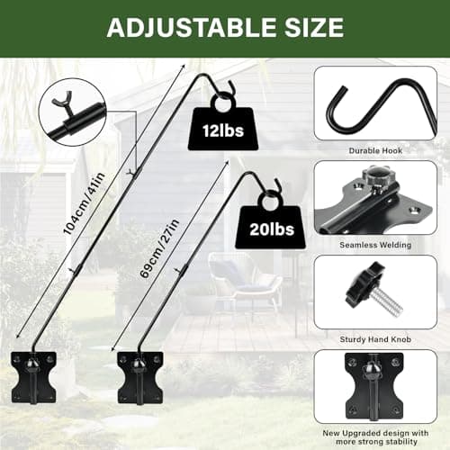 DAEHUI Deck Bird Feeder Hanger with 3in Clamp for Railing 41 Inch Bird Feeder Pole 360 Degree Swivel Plant Hooks for Hanging Baskets Wind Chime Lantern (1 Pack Wall Mounted Hook) - Thumbnail 3
