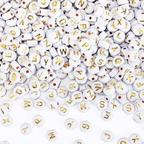 Gionlion 1200+Pcs Round Letter Beads for Bracelet Making, Acrylic Alphabet Beads for Jewelry Making, DIY Friendship Bracelets with 4x7mm White Beads with Gold Letters - Image 1