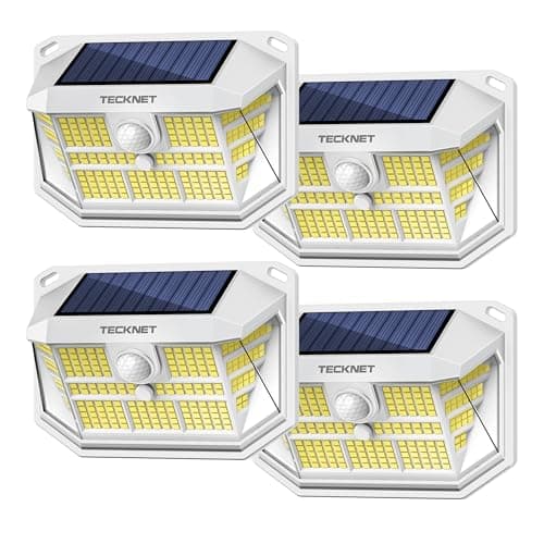 TECKNET 231 LED Solar Motion Lights Outdoor Waterproof, 4 Pack 300° Angle & 3 Lighting Modes PIR Motion Sensor Security Solar Wall Lights IP65 for Fence Front Door Yard Deck Garden Garage