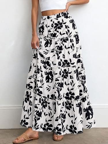 BTFBM Floral Maxi Skirts for Women Summer Spring 2026 Elastic Waist Tiered Flowy Beach Vacation Boho Midi Long Skirt(Floral White Black, Small) - Thumbnail 4