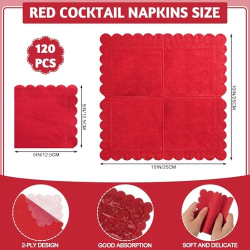 NatNarr 120 Pcs Cocktail Napkins Red Valentines Napkins Red Dessert Beverage Napkin Scalloped Paper Napkin for Birthday Wedding Graduation, 5 x 5 Inch - Thumbnail 2