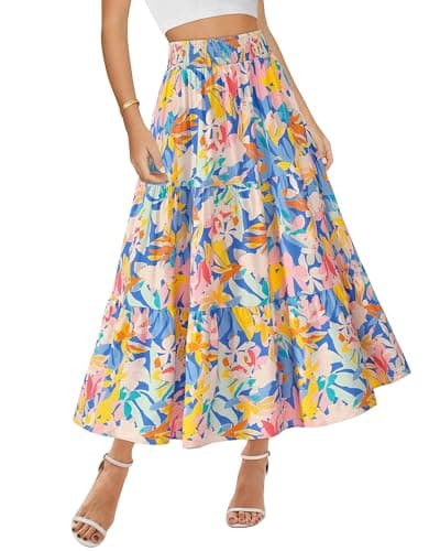BTFBM Skirts for Women Summer 2026 Floral Print A Line Elastic High Waist Boho Maxi Skirt Spring Fashion Clothing Pocket(Floral Multicolour, X-Large) - Image 1