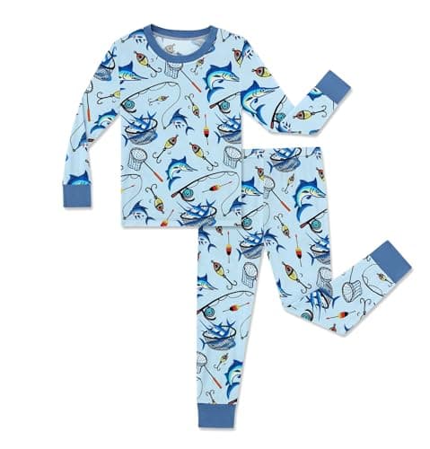 NewSeed So Soft Kids 2-Piece Viscose from Bamboo Outfit Set, Long Sleeve Top & Leggings, Cozy Base Layer for Boys & Girls (Fishing rod and Fish, 4-5Y) - Image 1