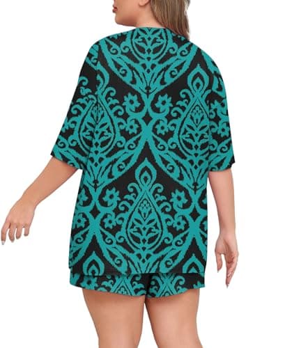 Lastshe Pajamas Set Women's Plus Size 2 Piece Soft Short Sleeve with Pockets Shorts Sleepwear Knit Pjs Loungewear Summer,Flower Green,2X - Thumbnail 5