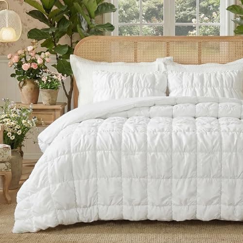 Amélie Home Luxury Queen Comforter Set, Bubble Textured Microfiber Bedding, Oeko-TEX Certified, All-Season Farmhouse Comforter with 2 Pillowcases, Off-White