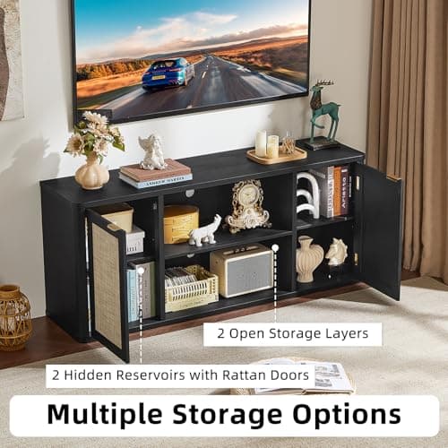 LEYAOYAO Rattan TV Stands for Living Room, Black - Thumbnail 3