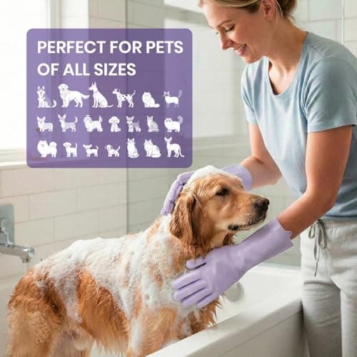 DELOMO Pet Grooming Gloves 1 Pair: Soft and Gentle Silicone Dog Washing Gloves - Bathing Scrubber Brush Mitt Grooming Shedding Fur Removal Massage for Dogs/Cats/Horse, Purple - Thumbnail 5