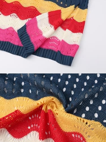 VIAURBE Women's Swimsuit Crochet Cover Up V Neck Hollow Out Bathing Suit Coverup Color Block Side Split Mini Dress Dark Blue L - Thumbnail 5