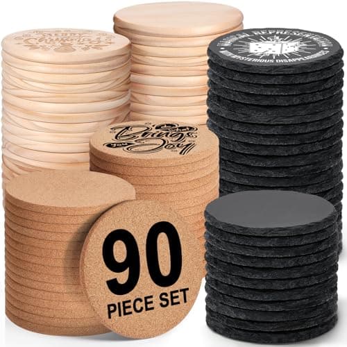 90 PCS Round Blank Coasters Bulk for Laser Engraving, MAPRIAL 4 Inch 100% Natural Black Slate Stone, Pine Wood, Cork, Engravable Materials for Engraver, Gifts, Crafts