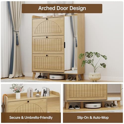 Hadulcet Entryway Shoe Storage Cabinet with 3 Flip Drawers & Mirror, Hidden Shoe Organizer Cabinet with Door & Adjustable Shelves, Freestanding Fluted Arched Panel Design, 9-Tier, Light Wood - Thumbnail 5