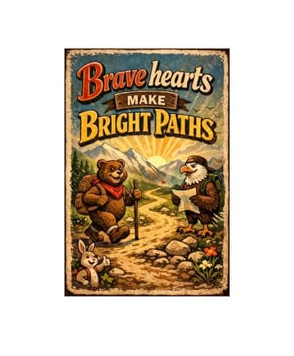 Brave Hearts Make Bright Paths Metal Tin Sign Vintage Adventure Wall Decor Inspirational Quote Hiking Bear Eagle Mountain Trail Rustic Nature Art 8x12 Inch Home Cabin Office Plaque - Image 1