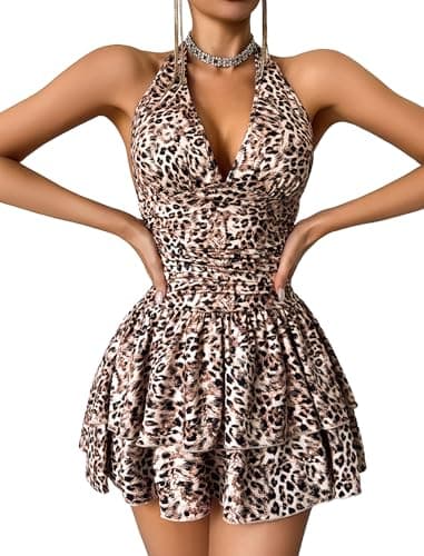 Avidlove Womens Halter Bodycon Mini Dress Deep V Neck Sexy Backless Dresses Sleeveless Ruched Party Club Dress Leopard Print X-Small - Image 1