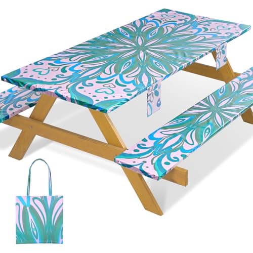 memKiya Fitted Waterproof Picnic Table Cover with Bench Covers Elastic Polyester 96in Camping Tablecloths for 8Foot Rectangle Tables Summer Fall Glamping Roadtrip Stuff Festival Vacation Items Gift - Image 1