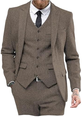 Mens Tweed Herringbone Wedding Suit Prom Tuxedos 3 Piece Peak Lapel Dress(Light Brown,XXL) - Image 1