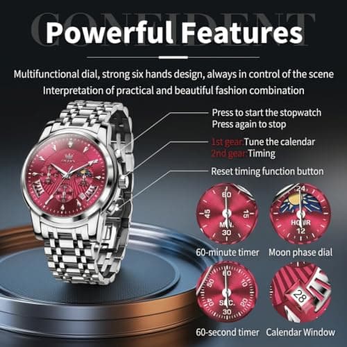 OLEVS Watch Men Red Face Watches for Men Silver Mens Watches Luxury Reloj para Hombre Analog Quartz Dress Stainless Steel Waterproof Chronograph Moon Phase Date Diamond Men's Wrist Watch - Thumbnail 5