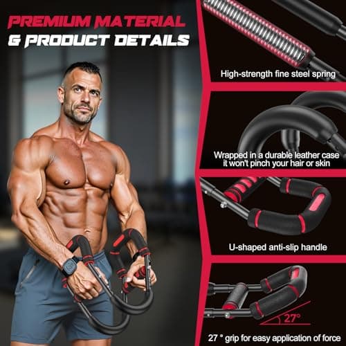 Vanlgs Twister Arm Trainer for Men, Chest Workout Equipment 5-Level Adjustable (40-130lb) with Ergonomic 27° Targets Biceps/Clip/Thigh, Portable Exerciser for Home Gym Travel Fitness, Red - Thumbnail 4