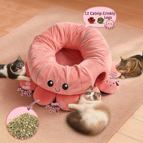 VIEFIN Cat Tunnel Bed with 20 Cat Toys, Collapsible Play Tunnel for Indoor Cats, Kitten Toys for Indoor Kittens, Octopus Shaped - Thumbnail 5