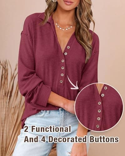 BTFBM Women Casual Button Down Fall Blouses 2025 Long Sleeve Solid Business Work Tops Cute Relaxed Fit Shirts(Solid Wine Red, Large) - Thumbnail 4