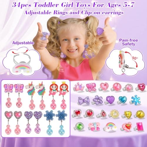 Toddler Girl Toys for Ages 5-7 Jewelry,34pcs Girls Toys Age 6-8 Clip on Earrings for Girls age 8-10 Kids Princess Toy Adjustable Ring Girl Toy Age 3 4 5 6-8 Year Old Birthday Christmas Gifts - Thumbnail 2
